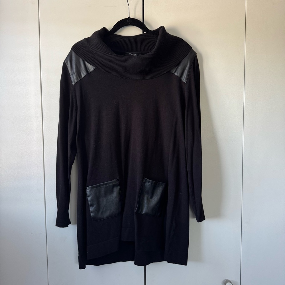 Style & Co. Black Cowl Neck Tunic Sweater with Faux Leather Details